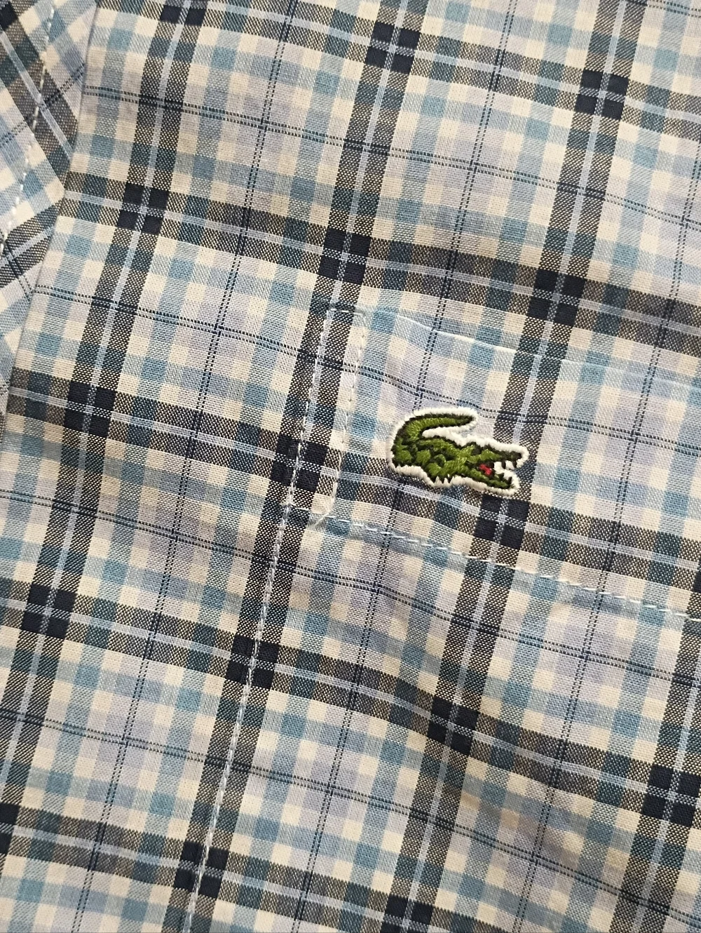LACOSTE Shirt 2XL 46 Slim Fit Button Down Blue Plaid Short Sleeve - Picture 2 of 6